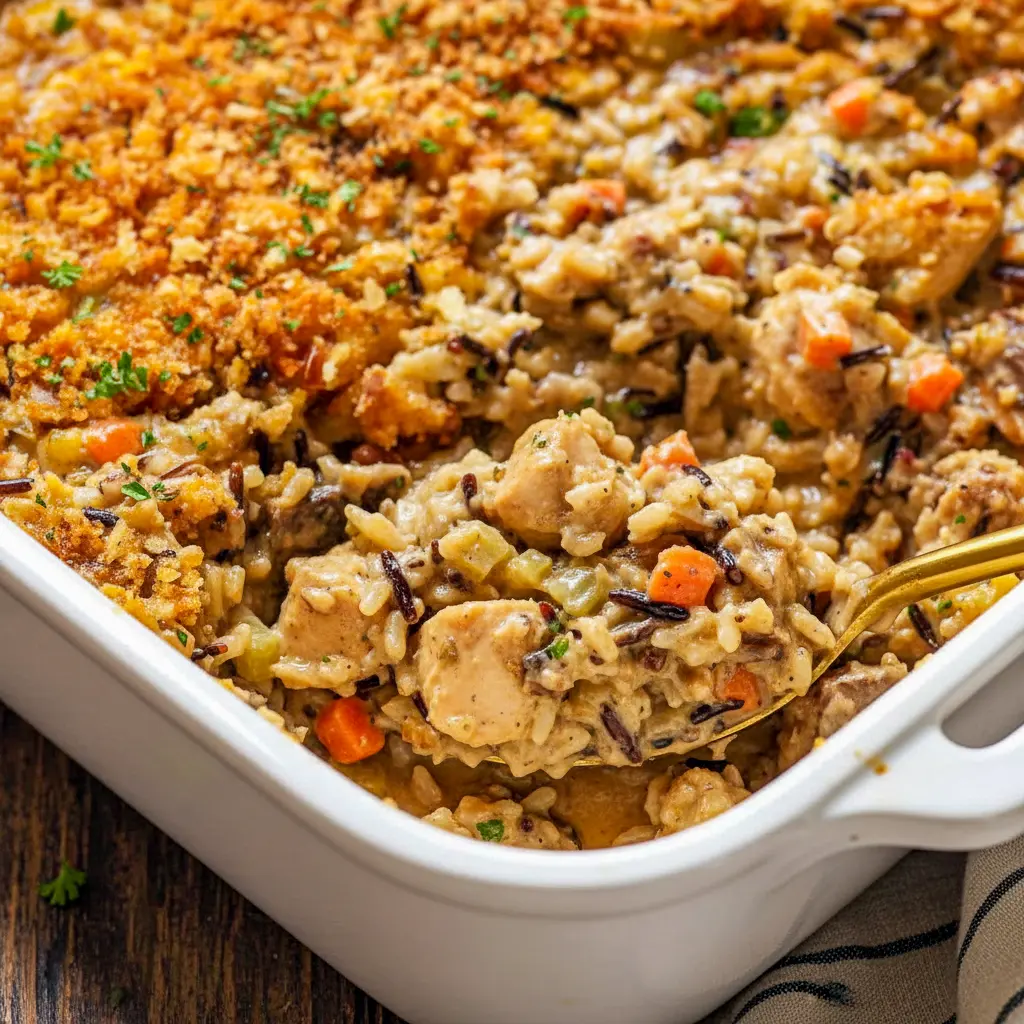 Golden, creamy Chicken Wild Rice Casserole baked in a casserole dish with tender chicken, wild rice, and herbs—perfect for a cozy Wild Rice Casserole Dinner inspired by classic Wild Rice Recipes Casseroles.