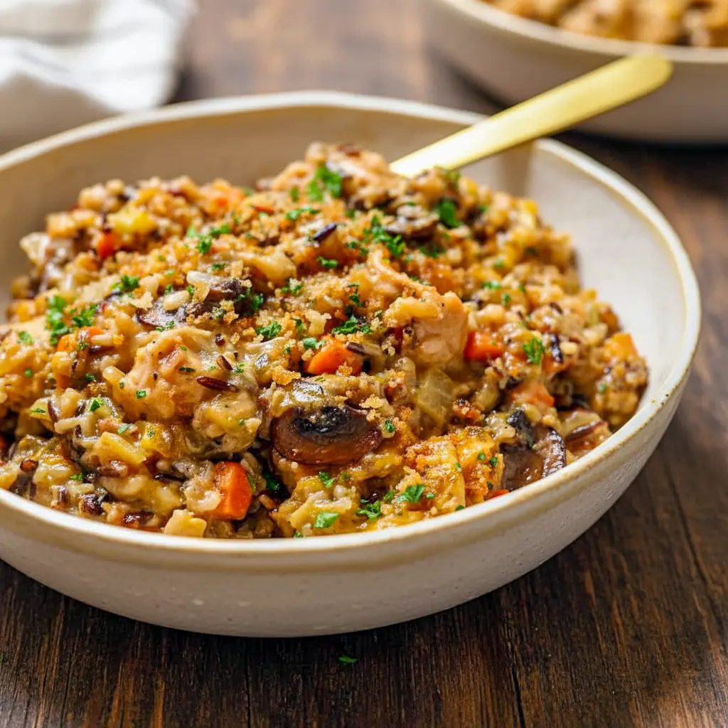 Golden, creamy Chicken Wild Rice Casserole baked in a casserole dish with tender chicken, wild rice, and herbs—perfect for a cozy Wild Rice Casserole Dinner inspired by classic Wild Rice Recipes Casseroles.