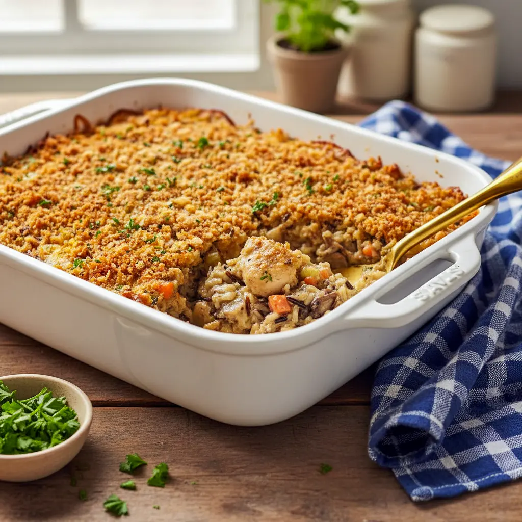 Golden, creamy Chicken Wild Rice Casserole baked in a casserole dish with tender chicken, wild rice, and herbs—perfect for a cozy Wild Rice Casserole Dinner inspired by classic Wild Rice Recipes Casseroles.