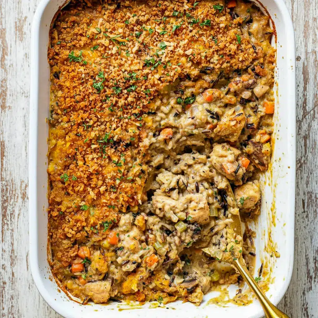 Golden, creamy Chicken Wild Rice Casserole baked in a casserole dish with tender chicken, wild rice, and herbs—perfect for a cozy Wild Rice Casserole Dinner inspired by classic Wild Rice Recipes Casseroles.