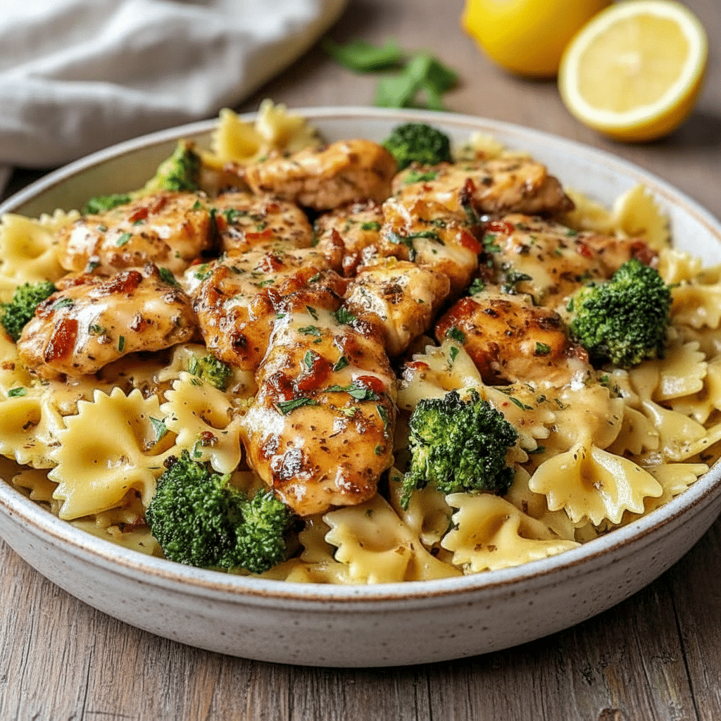 Chicken Bowtie Pasta tossed in glossy lemon cowboy butter sauce with golden chicken breast pieces, bowtie pasta, and vibrant broccoli, styled as one of the most irresistible Yummy Dinners and easy Chicken Breast Recipes for weeknights.