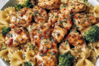 Chicken Bowtie Pasta tossed in glossy lemon cowboy butter sauce with golden chicken breast pieces, bowtie pasta, and vibrant broccoli, styled as one of the most irresistible Yummy Dinners and easy Chicken Breast Recipes for weeknights.
