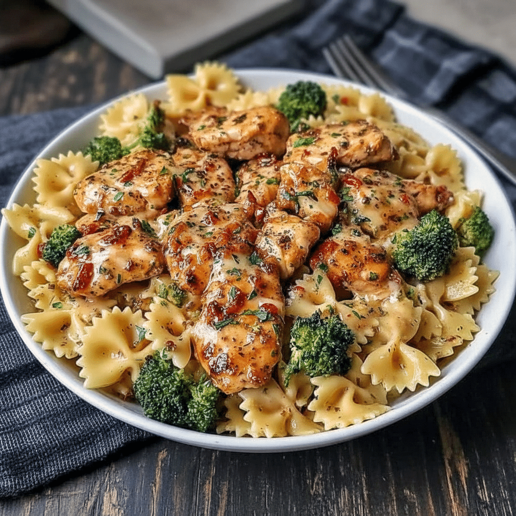 Chicken Bowtie Pasta tossed in glossy lemon cowboy butter sauce with golden chicken breast pieces, bowtie pasta, and vibrant broccoli, styled as one of the most irresistible Yummy Dinners and easy Chicken Breast Recipes for weeknights.