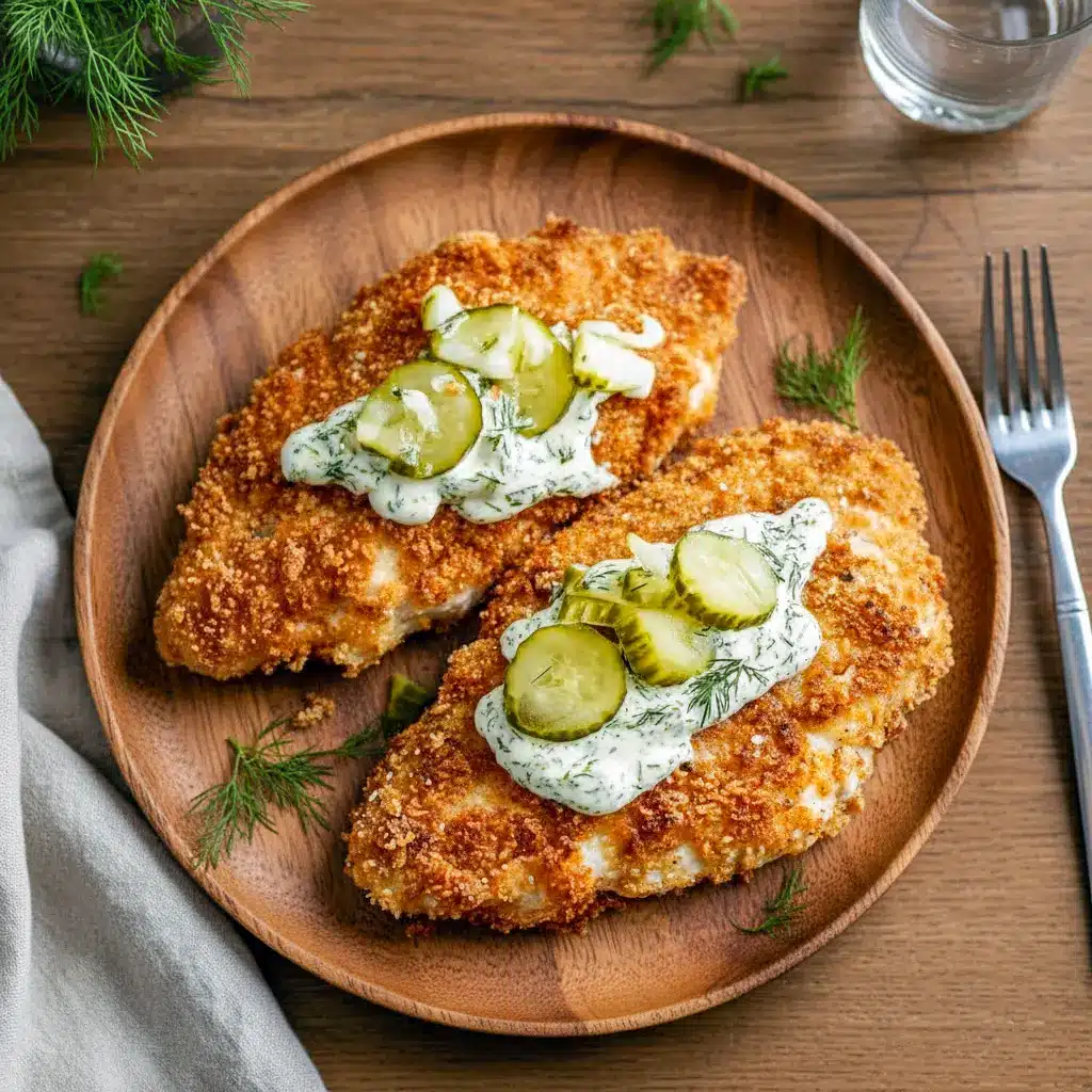Dill Pickle Chicken Parmesan topped with a golden breadcrumb crust, fresh dill, and creamy pickle sauce—an easy Crispy Dill Parmesan Chicken made in the air fryer.