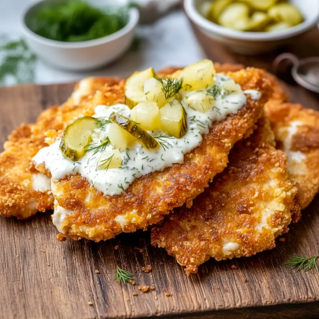 Dill Pickle Chicken Parmesan topped with a golden breadcrumb crust, fresh dill, and creamy pickle sauce—an easy Crispy Dill Parmesan Chicken made in the air fryer.