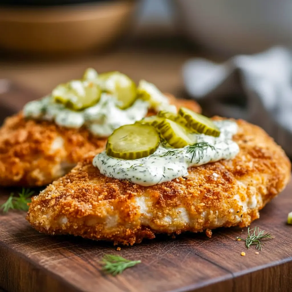 Dill Pickle Chicken Parmesan topped with a golden breadcrumb crust, fresh dill, and creamy pickle sauce—an easy Crispy Dill Parmesan Chicken made in the air fryer.