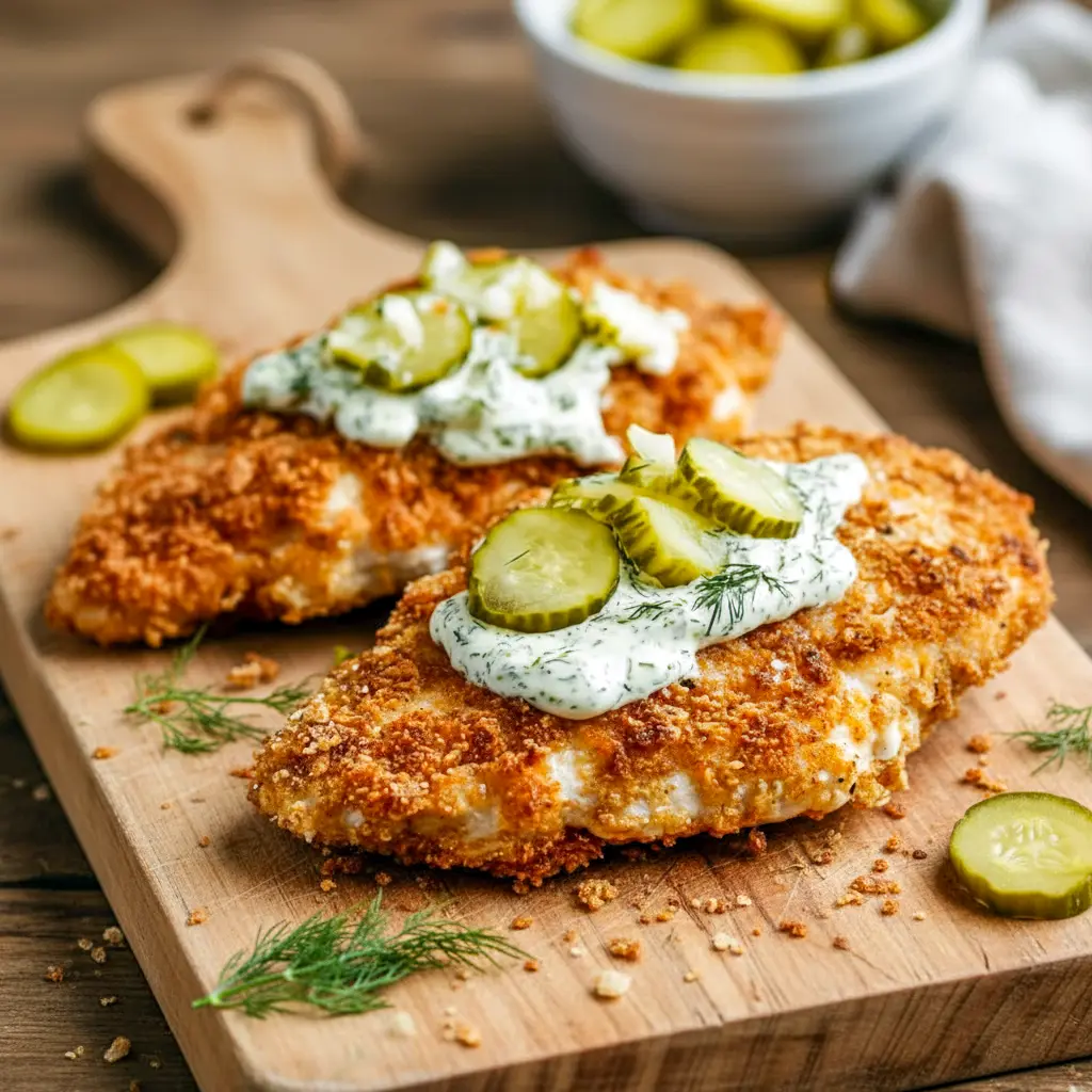 Dill Pickle Chicken Parmesan topped with a golden breadcrumb crust, fresh dill, and creamy pickle sauce—an easy Crispy Dill Parmesan Chicken made in the air fryer.