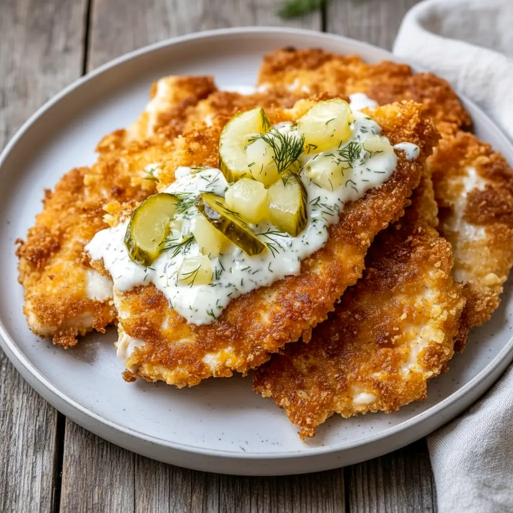 Dill Pickle Chicken Parmesan topped with a golden breadcrumb crust, fresh dill, and creamy pickle sauce—an easy Crispy Dill Parmesan Chicken made in the air fryer.