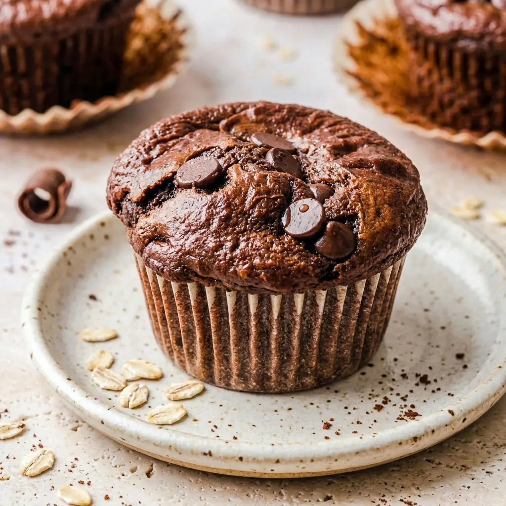 Rich and fudgy Chocolate Cottage Cheese Muffins served warm, a perfect Easy Healthy Dessert Recipe and Healthy Moist Muffins option for Healthy Snacks Muffins lovers.