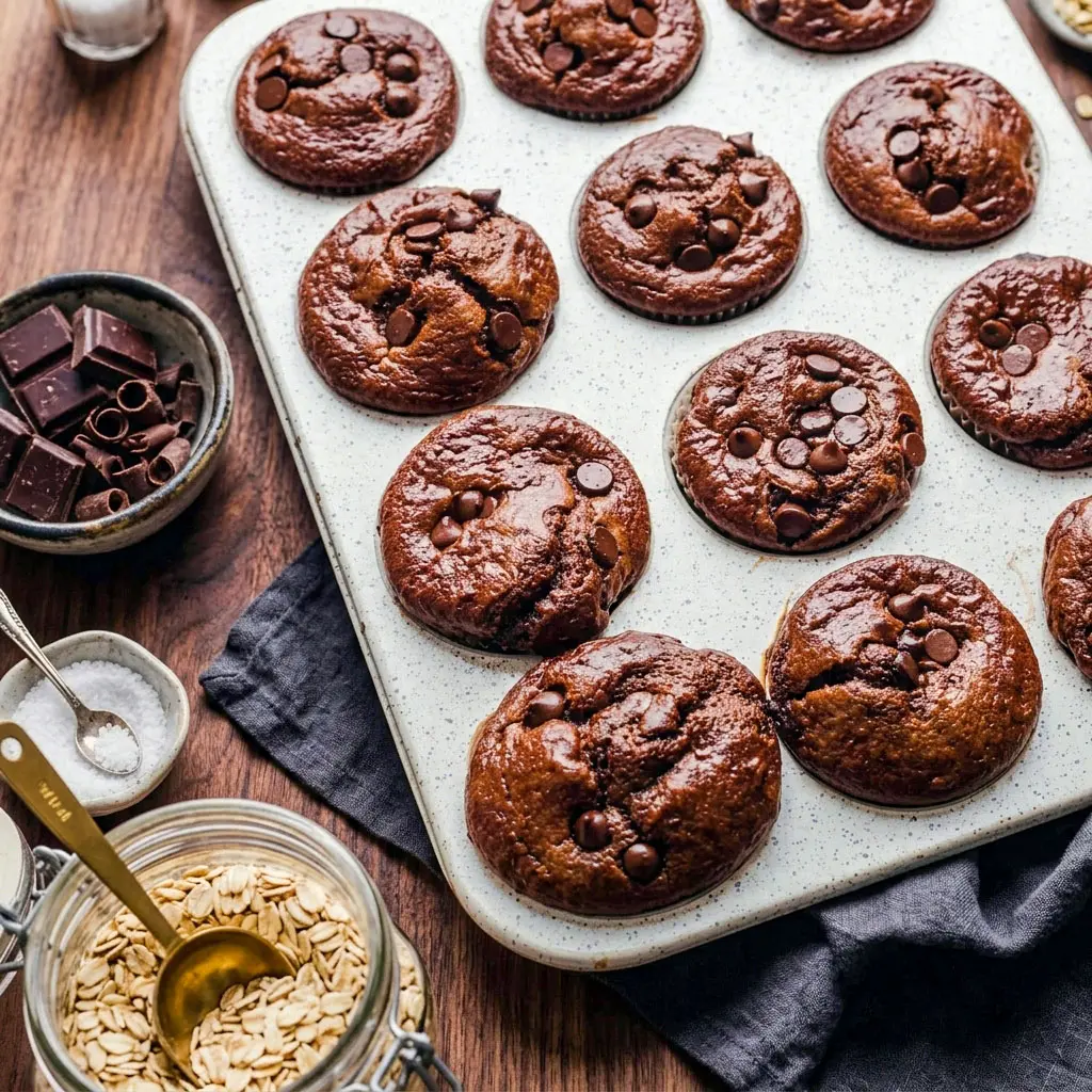 Rich and fudgy Chocolate Cottage Cheese Muffins served warm, a perfect Easy Healthy Dessert Recipe and Healthy Moist Muffins option for Healthy Snacks Muffins lovers.