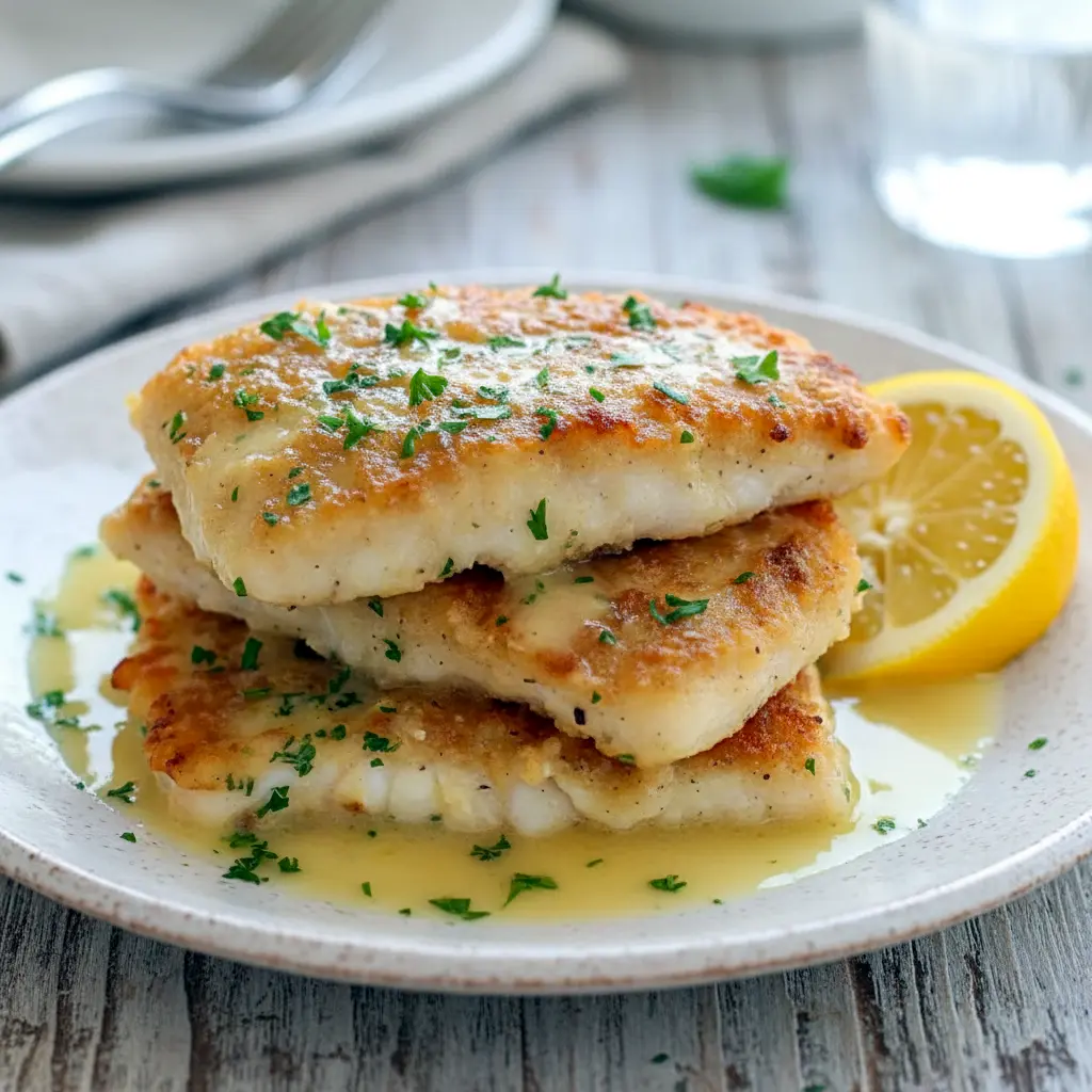 Golden Flounder Francaise fillets topped with lemon butter sauce, a perfect Lemon Garlic Flounder Dinner and elegant option from Flounder Dinner Recipes and Fish Recipes Flounder collections.