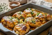 Hot Honey Feta Chicken served in a skillet with golden seared chicken breasts topped with crumbled feta, drizzled hot honey, and fresh herbs, perfect for a Quick Savory Dinner or elegant Protein Main Dish.