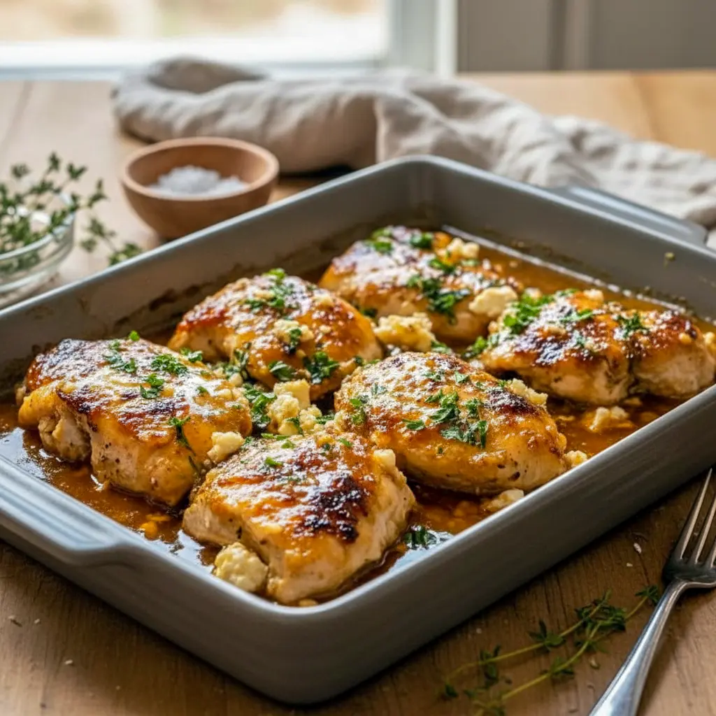 Hot Honey Feta Chicken served in a skillet with golden seared chicken breasts topped with crumbled feta, drizzled hot honey, and fresh herbs, perfect for a Quick Savory Dinner or elegant Protein Main Dish.