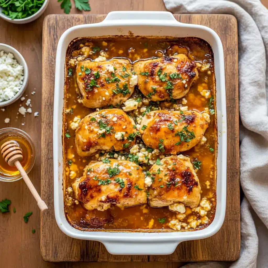 Hot Honey Feta Chicken served in a skillet with golden seared chicken breasts topped with crumbled feta, drizzled hot honey, and fresh herbs, perfect for a Quick Savory Dinner or elegant Protein Main Dish.