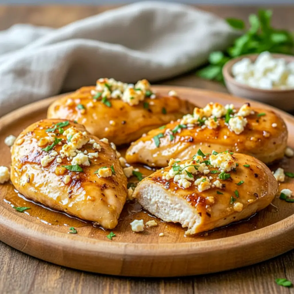 Hot Honey Feta Chicken served in a skillet with golden seared chicken breasts topped with crumbled feta, drizzled hot honey, and fresh herbs, perfect for a Quick Savory Dinner or elegant Protein Main Dish.