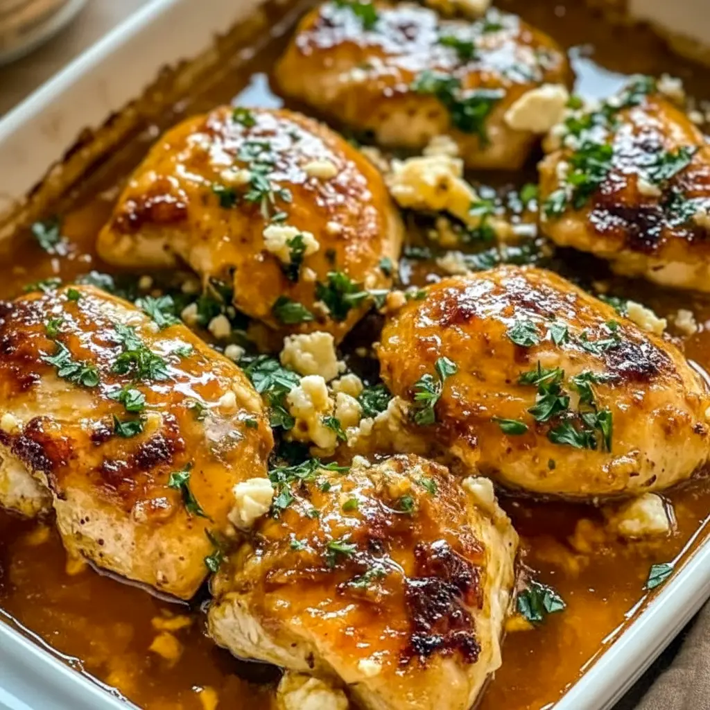 Hot Honey Feta Chicken served in a skillet with golden seared chicken breasts topped with crumbled feta, drizzled hot honey, and fresh herbs, perfect for a Quick Savory Dinner or elegant Protein Main Dish.