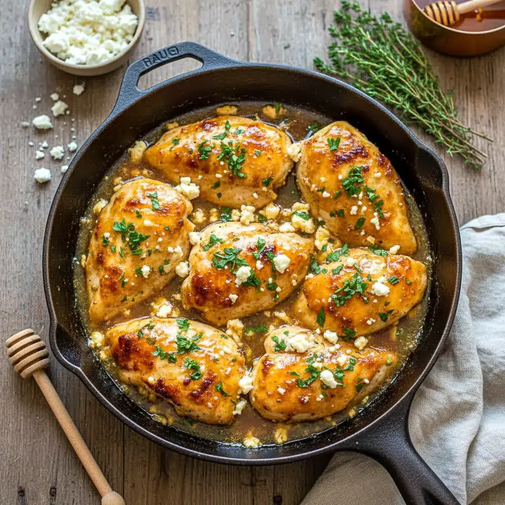 Hot Honey Feta Chicken served in a skillet with golden seared chicken breasts topped with crumbled feta, drizzled hot honey, and fresh herbs, perfect for a Quick Savory Dinner or elegant Protein Main Dish.
