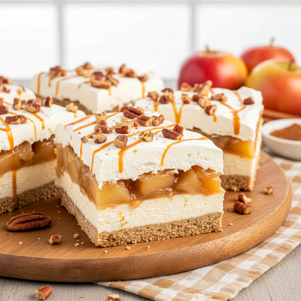 Creamy layered Apple Lasagna topped with whipped topping and spiced apples, a delicious No Bake Apple Dessert and perfect Easy Fall Dessert Recipe for festive Thanksgiving Dessert Ideas.