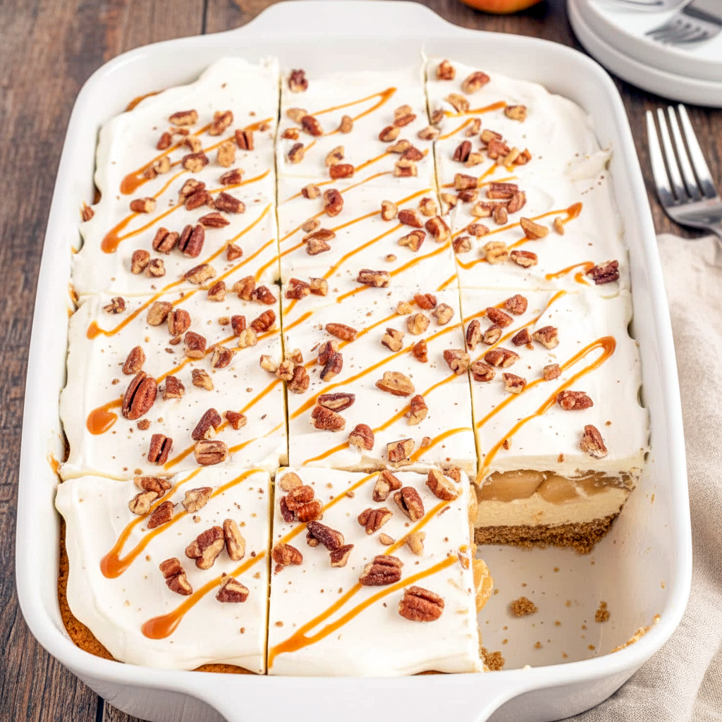 Creamy layered Apple Lasagna topped with whipped topping and spiced apples, a delicious No Bake Apple Dessert and perfect Easy Fall Dessert Recipe for festive Thanksgiving Dessert Ideas.