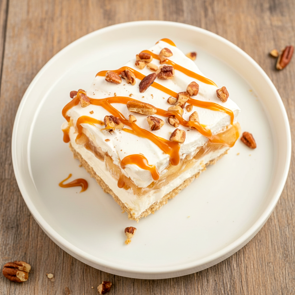 Creamy layered Apple Lasagna topped with whipped topping and spiced apples, a delicious No Bake Apple Dessert and perfect Easy Fall Dessert Recipe for festive Thanksgiving Dessert Ideas.