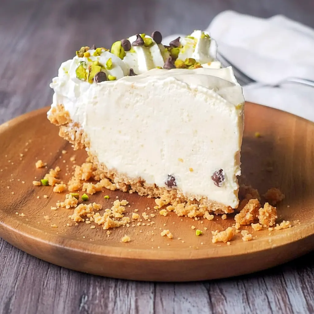 Slice of Italian Cannoli Cream Pie topped with whipped cream, pistachios, and mini chocolate chips, inspired by Italian Recipes Authentic Desserts and styled like a No Bake Cannoli Cream Pie with a crisp crust and creamy filling.