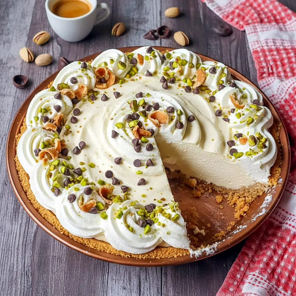 Slice of Italian Cannoli Cream Pie topped with whipped cream, pistachios, and mini chocolate chips, inspired by Italian Recipes Authentic Desserts and styled like a No Bake Cannoli Cream Pie with a crisp crust and creamy filling.