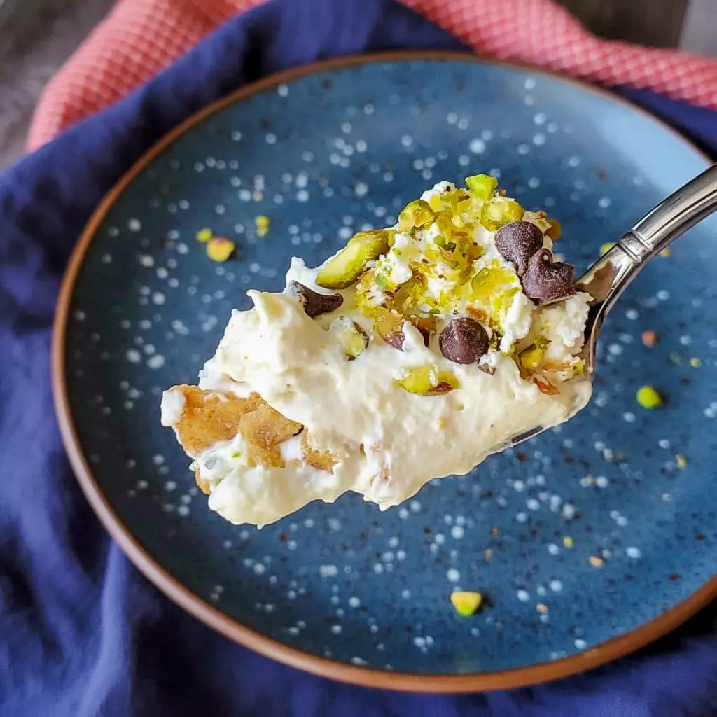 Slice of Italian Cannoli Cream Pie topped with whipped cream, pistachios, and mini chocolate chips, inspired by Italian Recipes Authentic Desserts and styled like a No Bake Cannoli Cream Pie with a crisp crust and creamy filling.