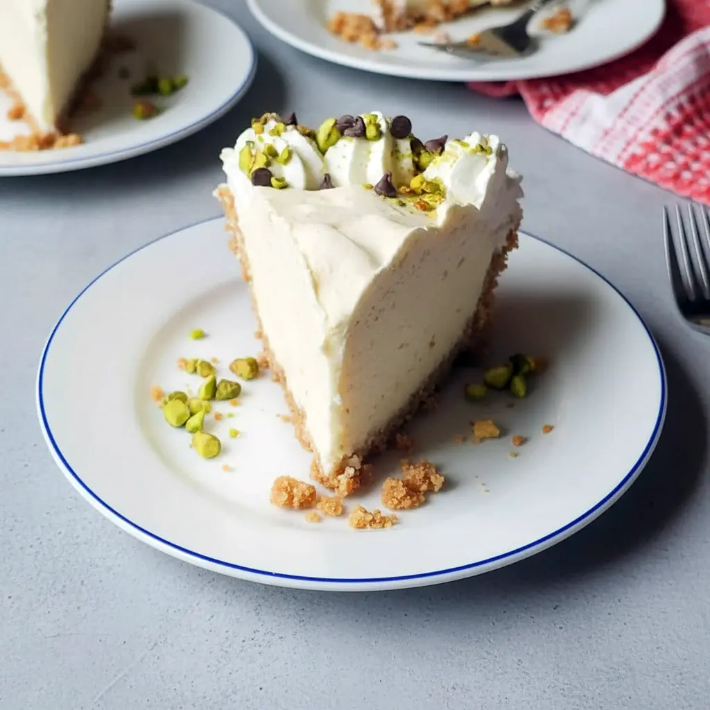 Slice of Italian Cannoli Cream Pie topped with whipped cream, pistachios, and mini chocolate chips, inspired by Italian Recipes Authentic Desserts and styled like a No Bake Cannoli Cream Pie with a crisp crust and creamy filling.