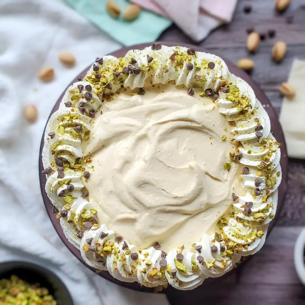 Slice of Italian Cannoli Cream Pie topped with whipped cream, pistachios, and mini chocolate chips, inspired by Italian Recipes Authentic Desserts and styled like a No Bake Cannoli Cream Pie with a crisp crust and creamy filling.