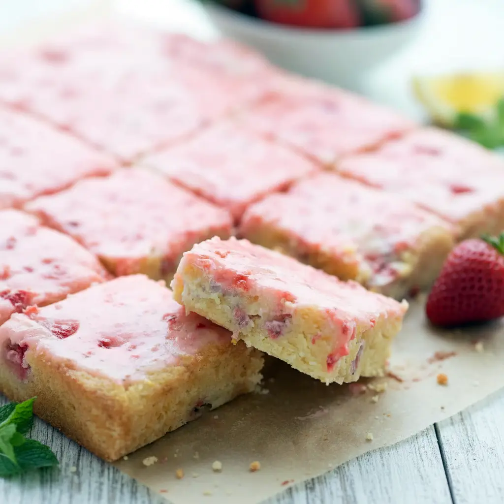 Freshly glazed Strawberry Lemon Blondies sliced into squares, topped with strawberry lemon drizzle, a vibrant Strawberry Keto Dessert and one of the best Strawberry Desserts Keto options for a bright, low carb treat.
