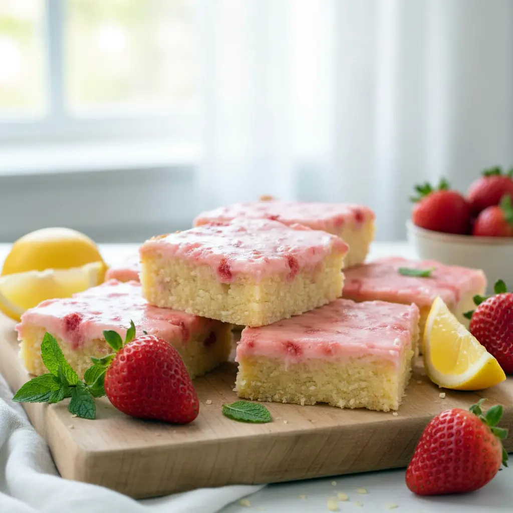 Freshly glazed Strawberry Lemon Blondies sliced into squares, topped with strawberry lemon drizzle, a vibrant Strawberry Keto Dessert and one of the best Strawberry Desserts Keto options for a bright, low carb treat.