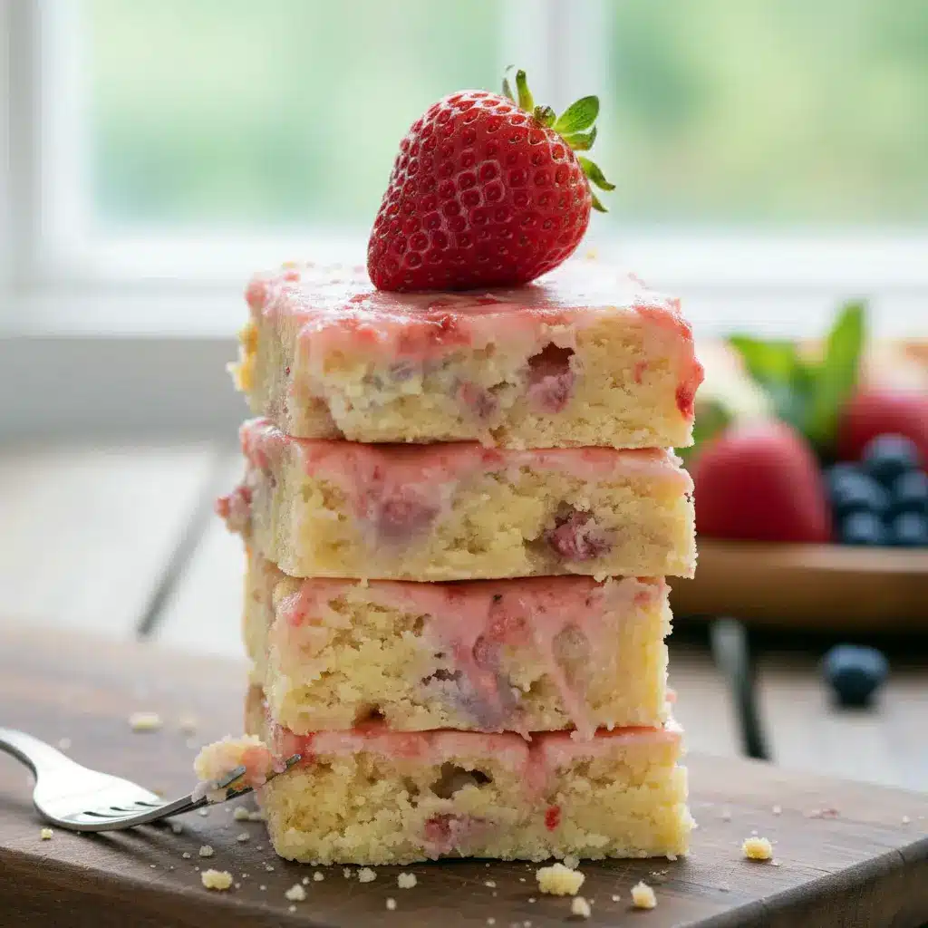 Freshly glazed Strawberry Lemon Blondies sliced into squares, topped with strawberry lemon drizzle, a vibrant Strawberry Keto Dessert and one of the best Strawberry Desserts Keto options for a bright, low carb treat.
