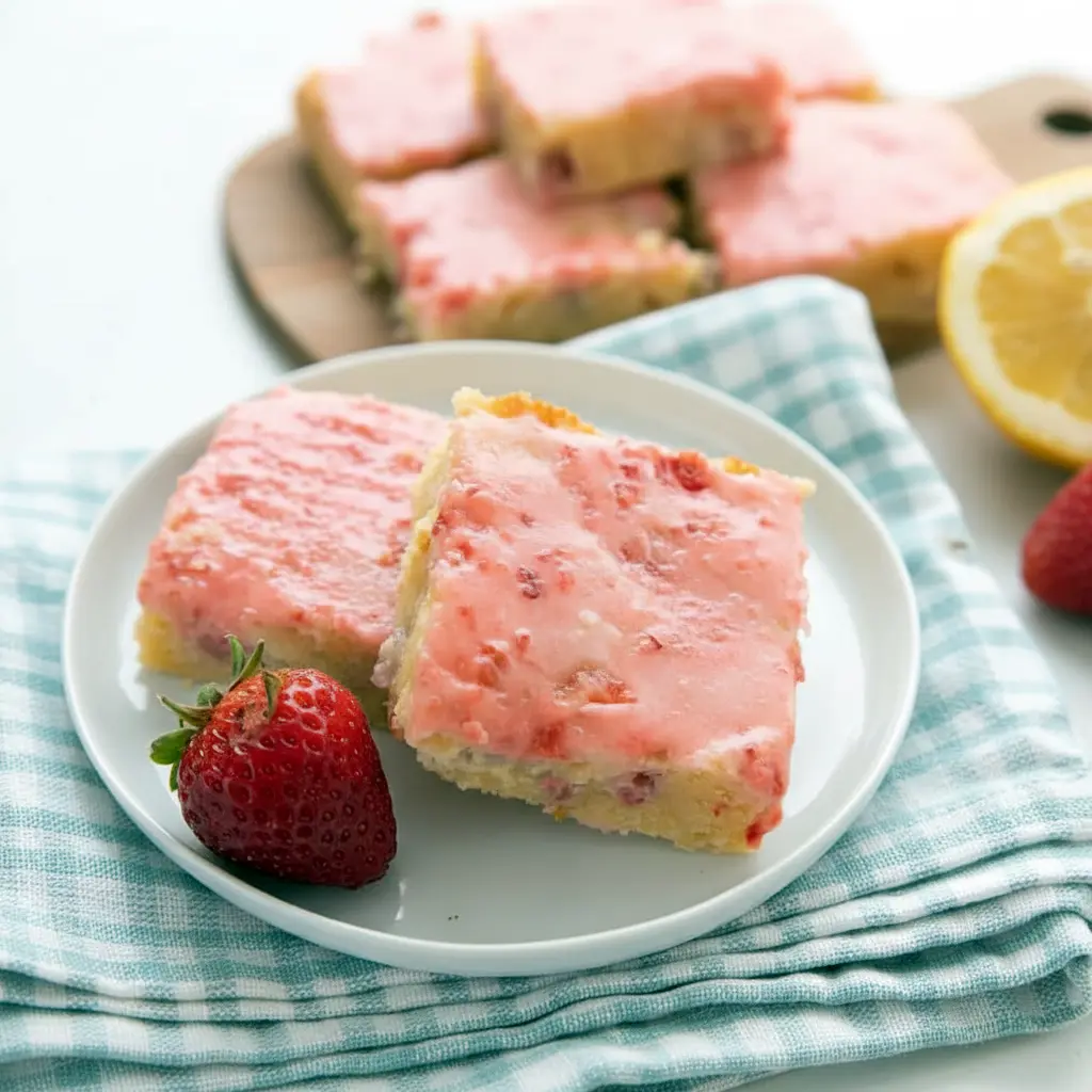 Freshly glazed Strawberry Lemon Blondies sliced into squares, topped with strawberry lemon drizzle, a vibrant Strawberry Keto Dessert and one of the best Strawberry Desserts Keto options for a bright, low carb treat.