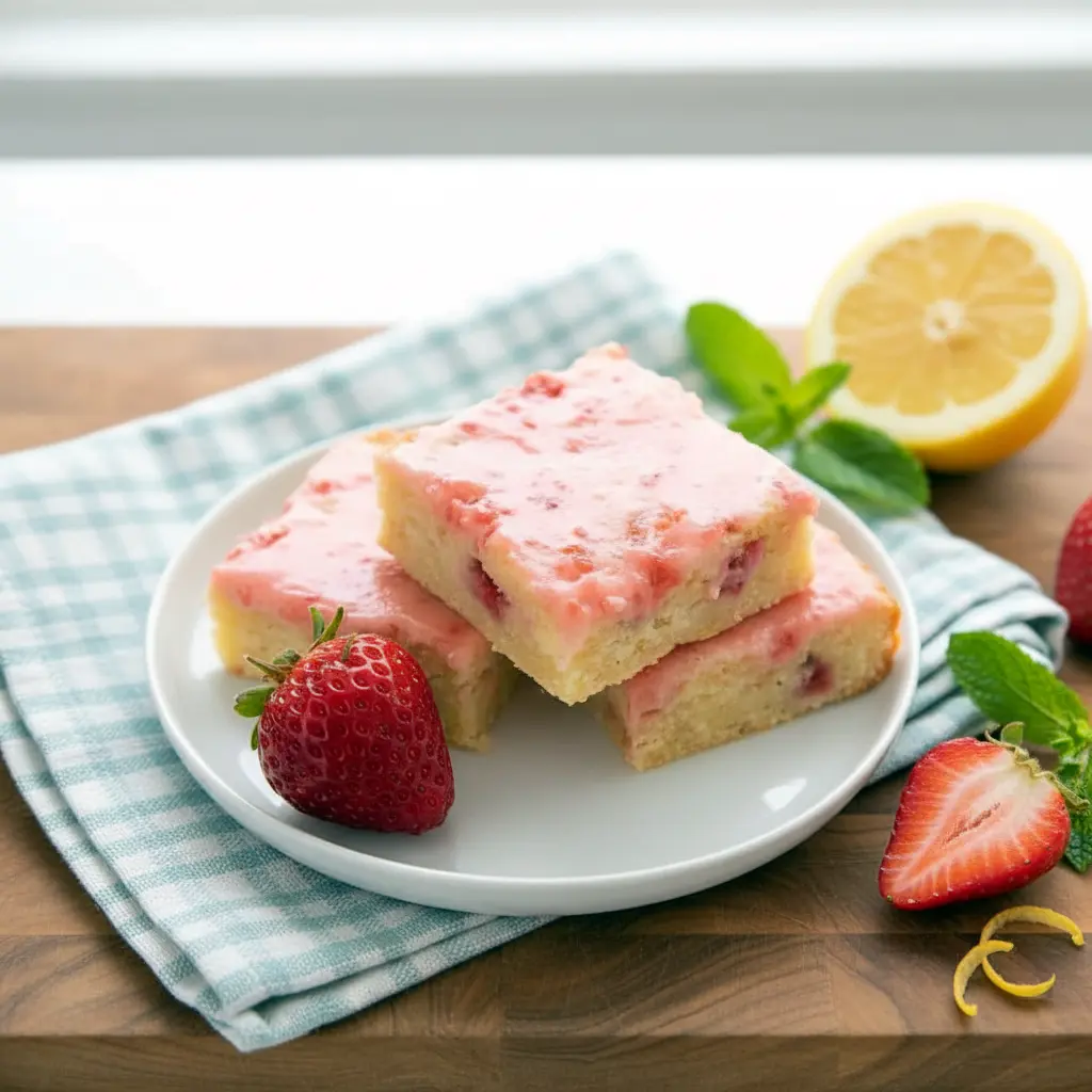 Freshly glazed Strawberry Lemon Blondies sliced into squares, topped with strawberry lemon drizzle, a vibrant Strawberry Keto Dessert and one of the best Strawberry Desserts Keto options for a bright, low carb treat.