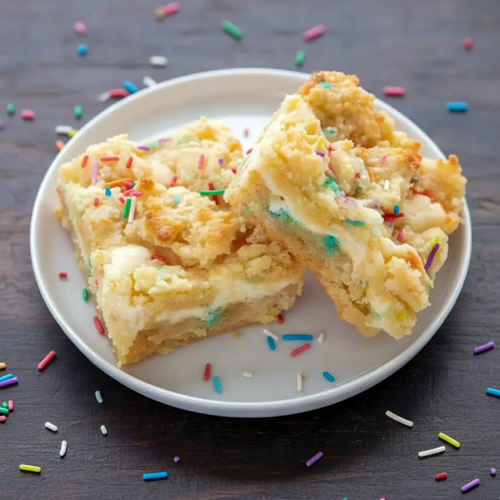 Stacked Sugar Cookie Cheesecake Bars with golden cookie crumble topping and creamy cheesecake center, festive Keto Sugar Cookie Cheesecake Bars ideal for Keto Birthday Dessert tables and fans of Keto Cream Cheese Bars.