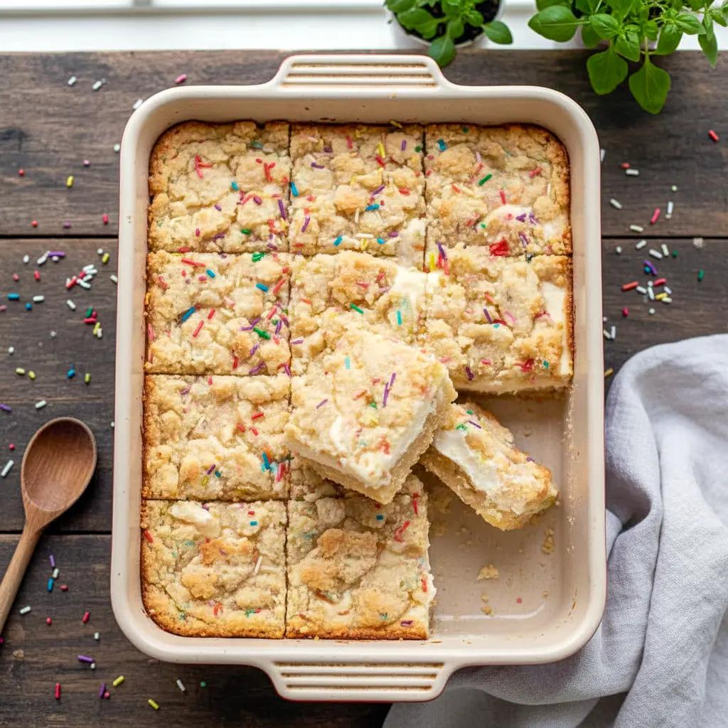 Stacked Sugar Cookie Cheesecake Bars with golden cookie crumble topping and creamy cheesecake center, festive Keto Sugar Cookie Cheesecake Bars ideal for Keto Birthday Dessert tables and fans of Keto Cream Cheese Bars.