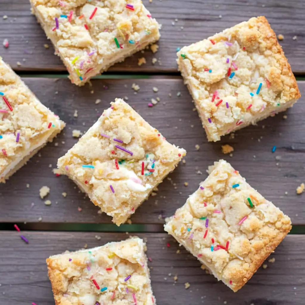 Stacked Sugar Cookie Cheesecake Bars with golden cookie crumble topping and creamy cheesecake center, festive Keto Sugar Cookie Cheesecake Bars ideal for Keto Birthday Dessert tables and fans of Keto Cream Cheese Bars.
