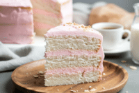 Slice of White Almond Cake with smooth whipped frosting, showcasing a soft crumb similar to a classic White Cake Recipe With Almond Extract, styled as an elegant layered dessert perfect for celebrations and inspired by the Best White Almond Cake Recipe.