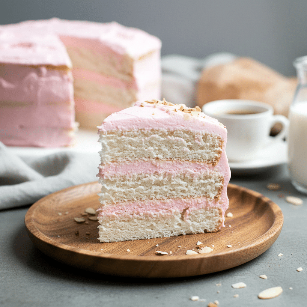 Slice of White Almond Cake with smooth whipped frosting, showcasing a soft crumb similar to a classic White Cake Recipe With Almond Extract, styled as an elegant layered dessert perfect for celebrations and inspired by the Best White Almond Cake Recipe.