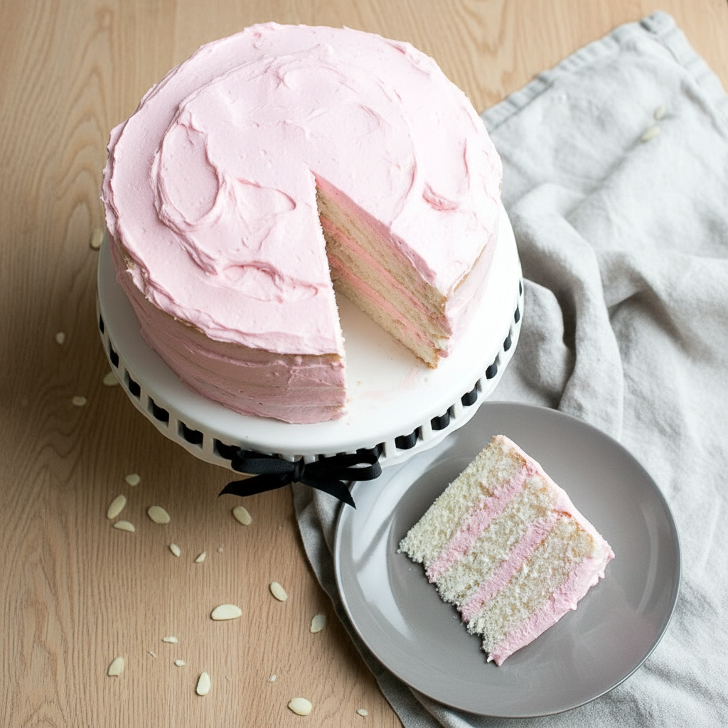 Slice of White Almond Cake with smooth whipped frosting, showcasing a soft crumb similar to a classic White Cake Recipe With Almond Extract, styled as an elegant layered dessert perfect for celebrations and inspired by the Best White Almond Cake Recipe.