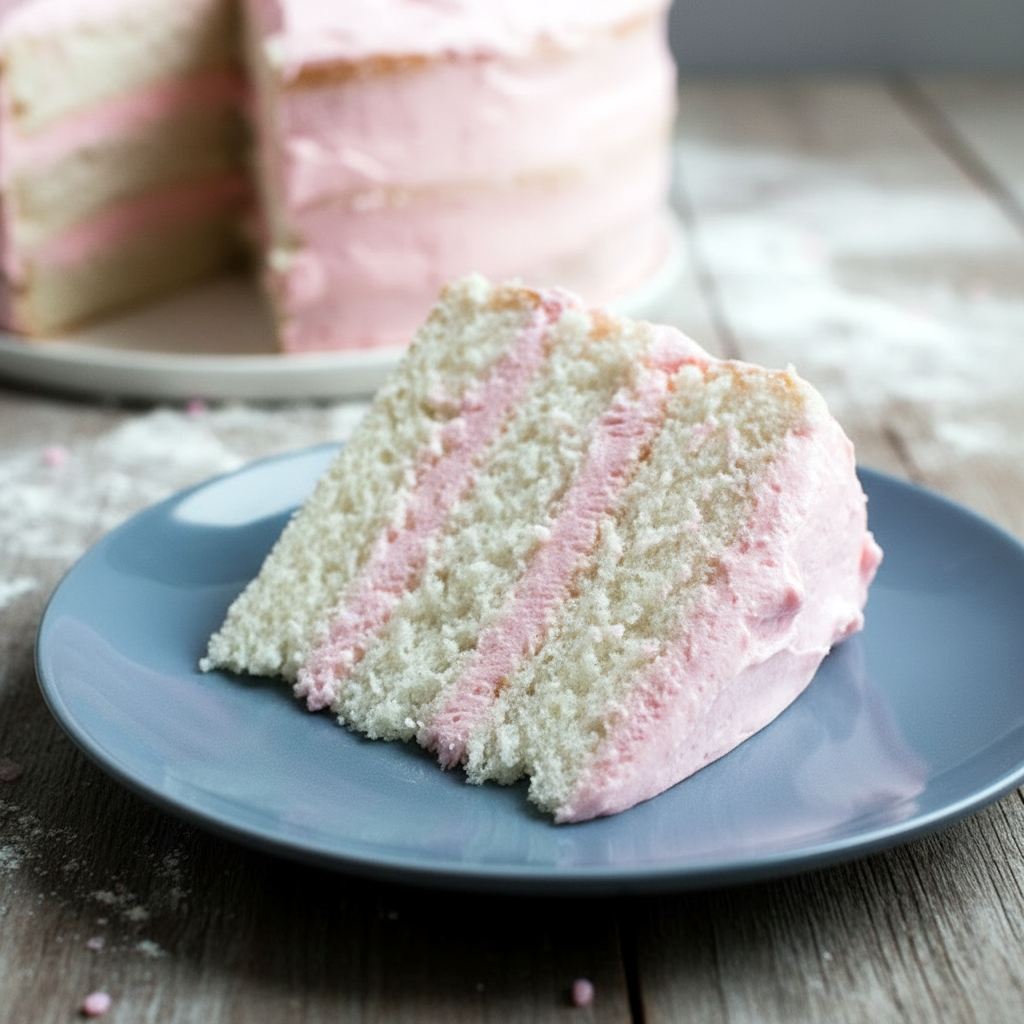 Slice of White Almond Cake with smooth whipped frosting, showcasing a soft crumb similar to a classic White Cake Recipe With Almond Extract, styled as an elegant layered dessert perfect for celebrations and inspired by the Best White Almond Cake Recipe.