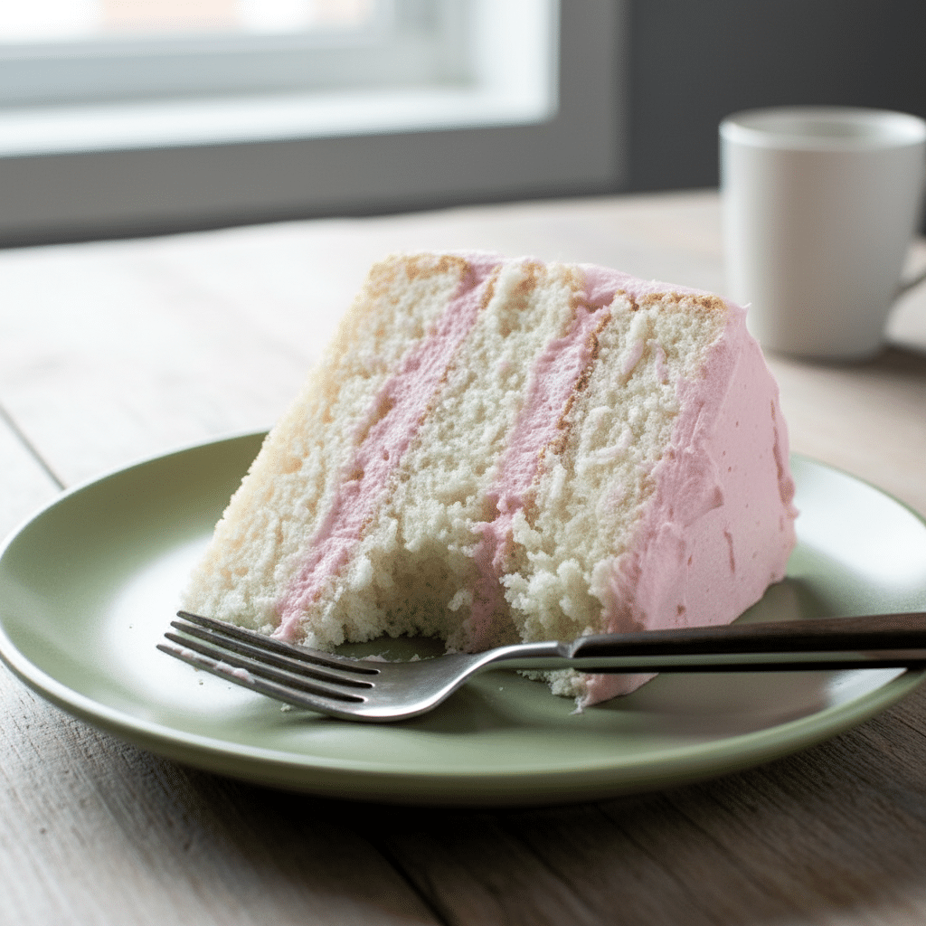 Slice of White Almond Cake with smooth whipped frosting, showcasing a soft crumb similar to a classic White Cake Recipe With Almond Extract, styled as an elegant layered dessert perfect for celebrations and inspired by the Best White Almond Cake Recipe.