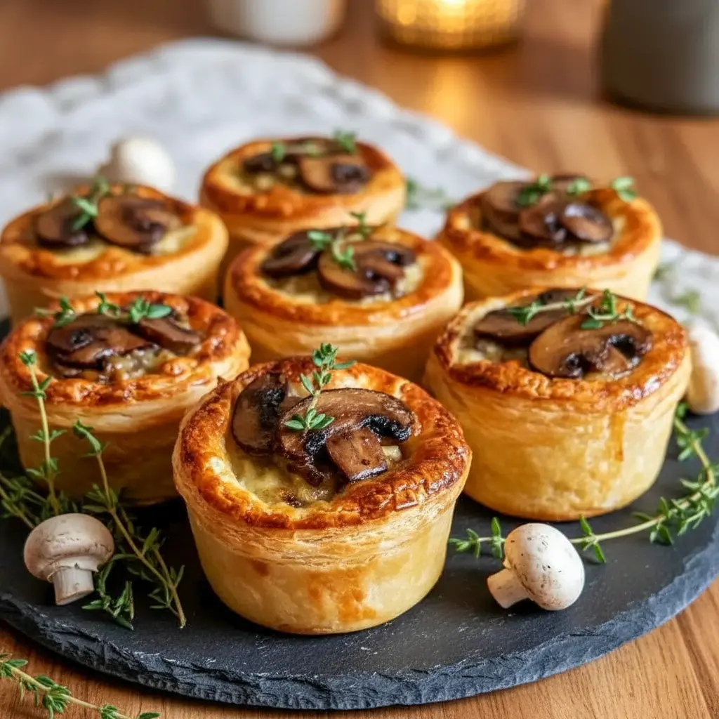 Golden-brown Mini Pot Pies baked in ramekins with flaky Puff Pastry Pie Crust, filled with creamy mushroom and Gruyère, styled as elegant Savory Mini Pies for a cozy dinner or Dinner Party Entree.