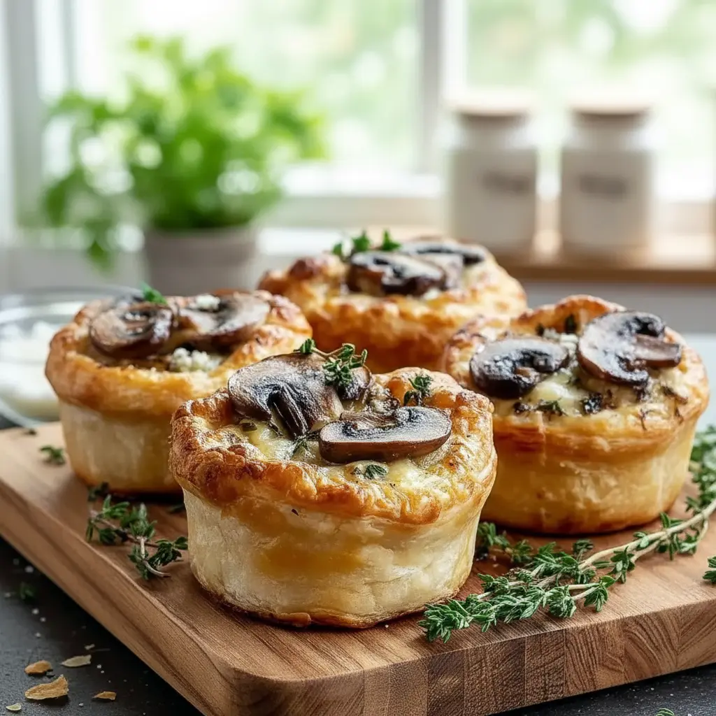Golden-brown Mini Pot Pies baked in ramekins with flaky Puff Pastry Pie Crust, filled with creamy mushroom and Gruyère, styled as elegant Savory Mini Pies for a cozy dinner or Dinner Party Entree.