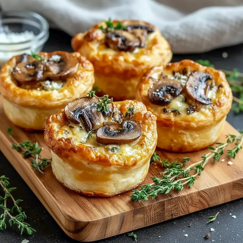 Golden-brown Mini Pot Pies baked in ramekins with flaky Puff Pastry Pie Crust, filled with creamy mushroom and Gruyère, styled as elegant Savory Mini Pies for a cozy dinner or Dinner Party Entree.