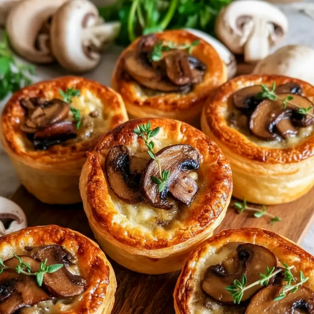 Golden-brown Mini Pot Pies baked in ramekins with flaky Puff Pastry Pie Crust, filled with creamy mushroom and Gruyère, styled as elegant Savory Mini Pies for a cozy dinner or Dinner Party Entree.