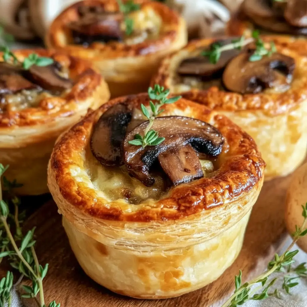 Golden-brown Mini Pot Pies baked in ramekins with flaky Puff Pastry Pie Crust, filled with creamy mushroom and Gruyère, styled as elegant Savory Mini Pies for a cozy dinner or Dinner Party Entree.