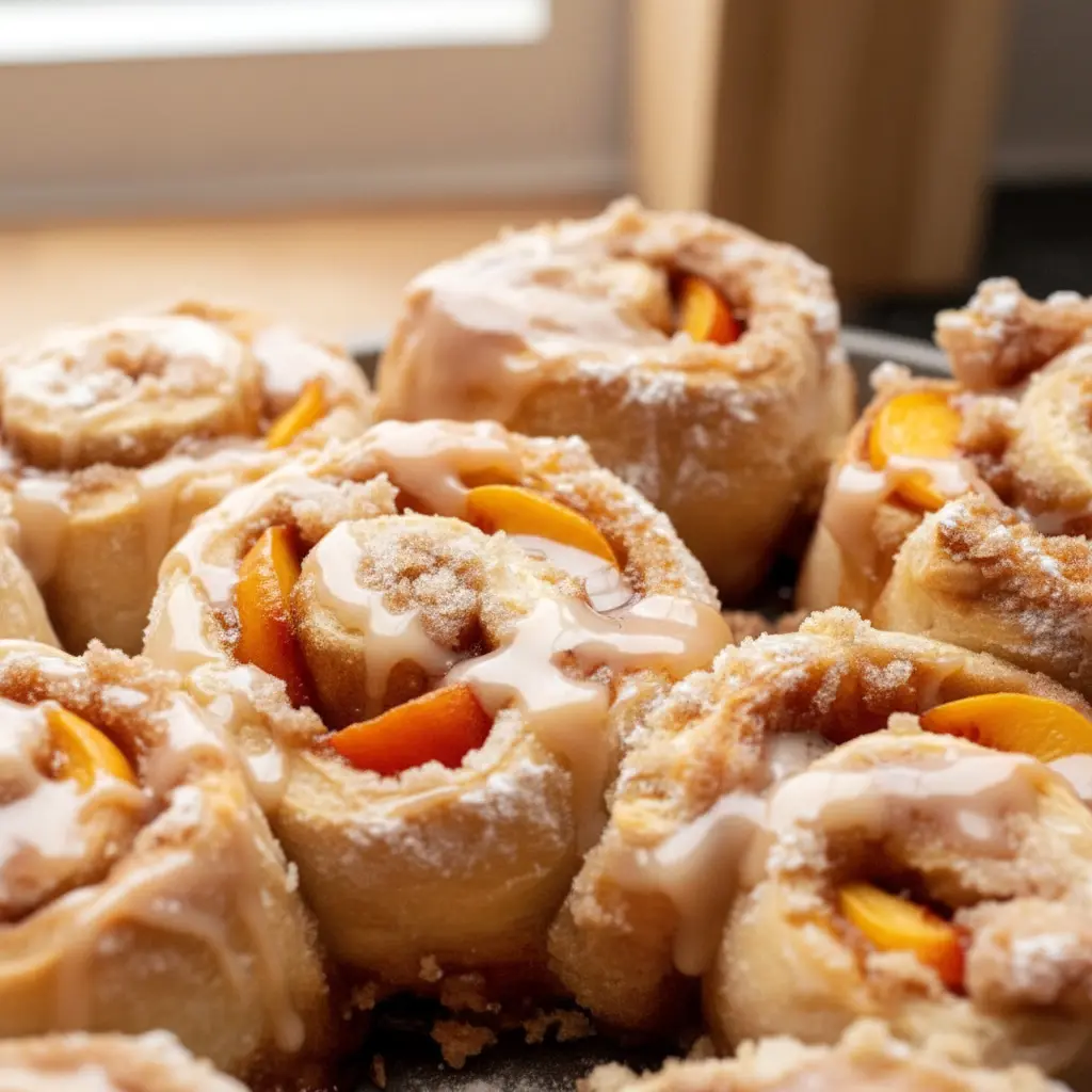 Freshly baked Peach Cobbler Cinnamon Rolls in a baking dish, topped with creamy glaze and filled with juicy peach cinnamon swirls, creating soft and Gooey Peach Cinnamon Rolls perfect for brunch.