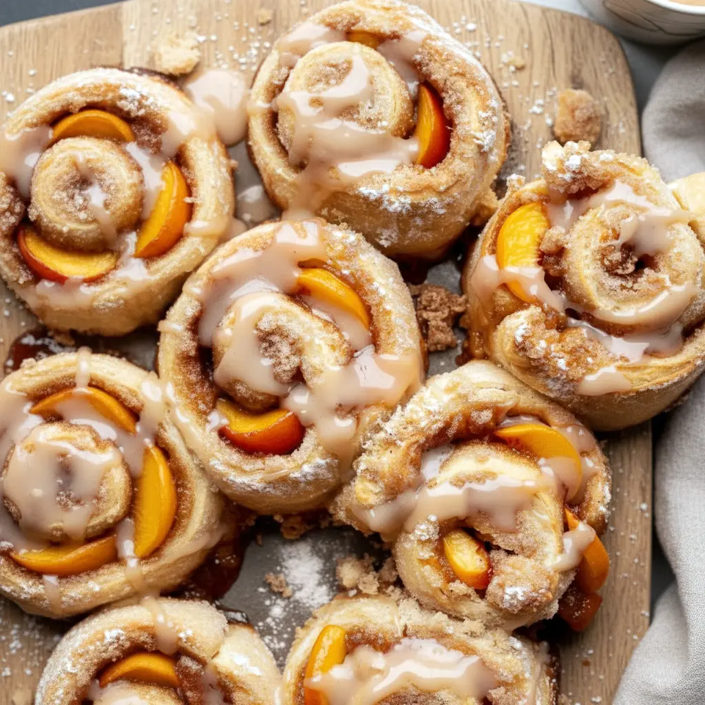 Freshly baked Peach Cobbler Cinnamon Rolls in a baking dish, topped with creamy glaze and filled with juicy peach cinnamon swirls, creating soft and Gooey Peach Cinnamon Rolls perfect for brunch.