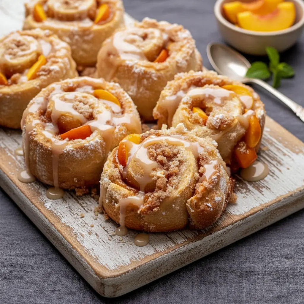 Freshly baked Peach Cobbler Cinnamon Rolls in a baking dish, topped with creamy glaze and filled with juicy peach cinnamon swirls, creating soft and Gooey Peach Cinnamon Rolls perfect for brunch.